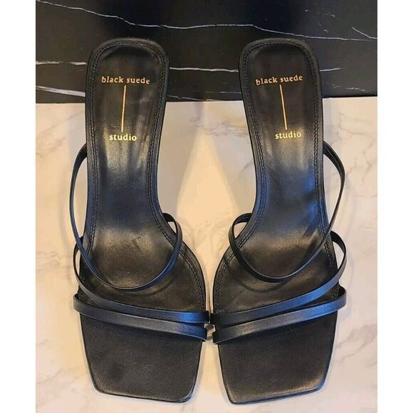BLACK SUEDE STUDIO Felicity Women's Black Leather Heels, 2½" Y2K Strappy | 8B - Picture 3 of 15
